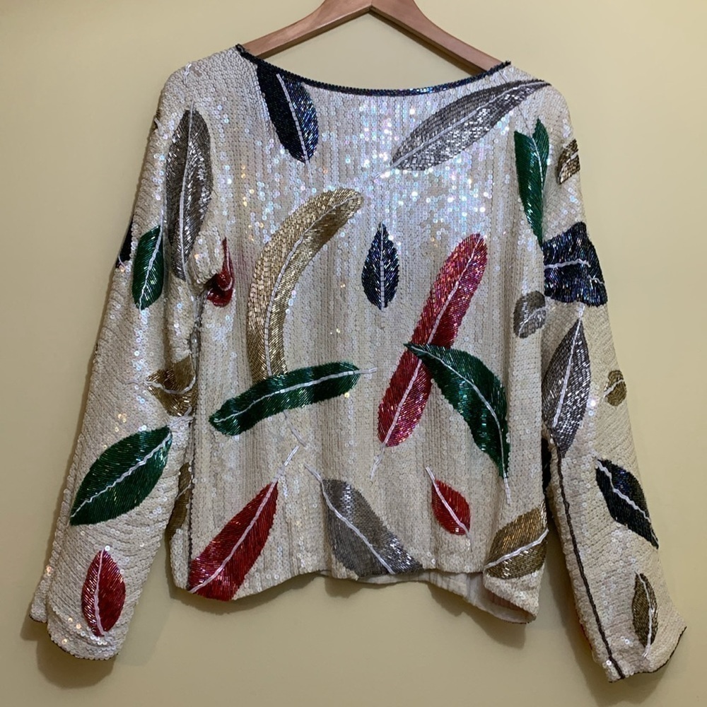 Vintage Feather Beaded Sequin Long Sleeve Crewneck Top M/L